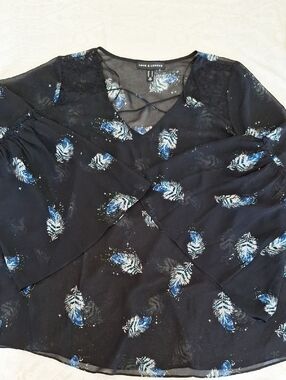 Love & Legend Black Blouse with Blue Feather Print